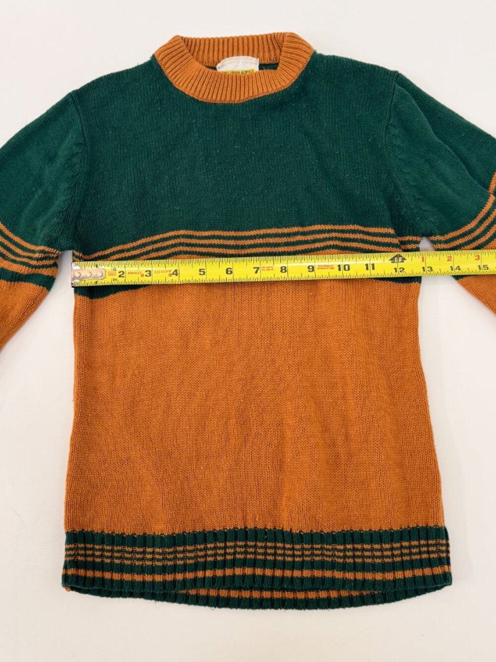 Vintage 70s Children's Green Yellow Striped Collegiate Crewneck Sweater Medium - Picture 6 of 10